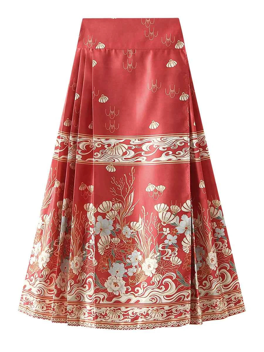 Women s Horse Face Skirt Elegant Phoenix Character Flower Print Pleated Tie Up A-Line Long Swing Skirt National Clothing