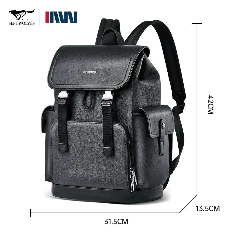Septwolves Stylish Man Printed Leather Travel Backpack High Qualit Business Work Commuting Flip Print Monogram Laptop Backpack