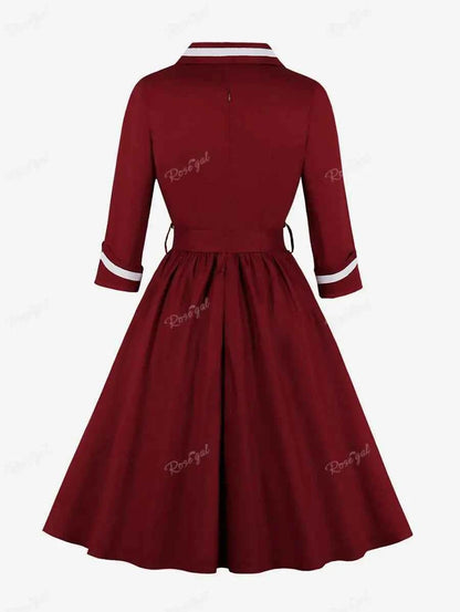 ROSEGAL Plus Size Surplice Zipper Back Vintage Dress With Belt Women Spring Autumn Three Quarter Sleeve V-Neck Sashes Dresses 4X