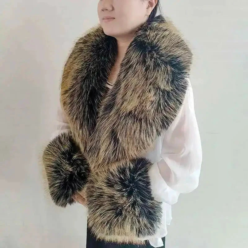 Large Winter Faux Fox Fur Scarf Women Jackets Warm Fluffy Shawl Fashion Artificial Fur Collar And Cuff Set Fluffy Scarves Female