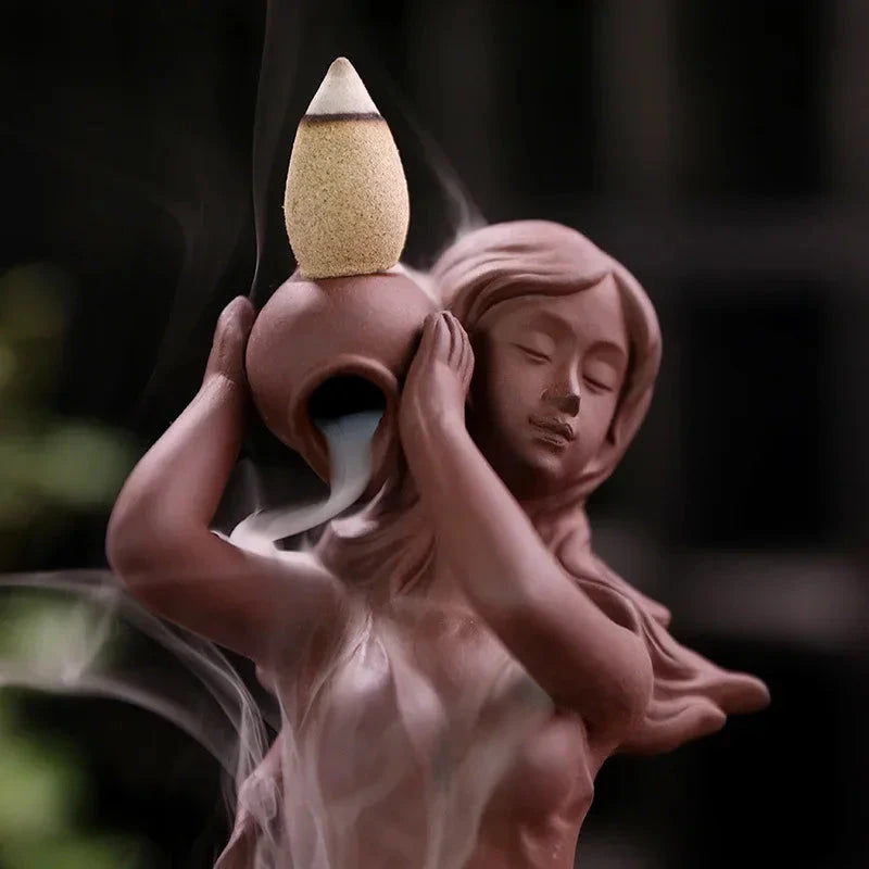 Waterfall Incense Burner Holder Backflow Ceramic Purple Sands Mermaid Cones for Home Decor Ornaments Zen Yoga Meditation Gift - AMULET RING STORE