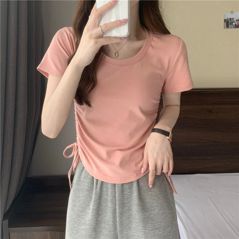 Drawstring Short Sleeve T-shirt Women Spring Summer Spicy Style Slim Fit Short Unique Top M L Xl 2XL Korean Casual Style - AMULET RING STORE