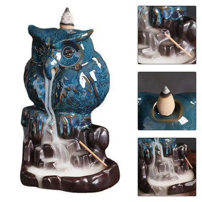 Waterfall Incense Burner Owl-Shaped Figurines Home Decor Waterfall Incense Holder Aesthetic Burning Pot Desktop Decorations For - AMULET RING STORE