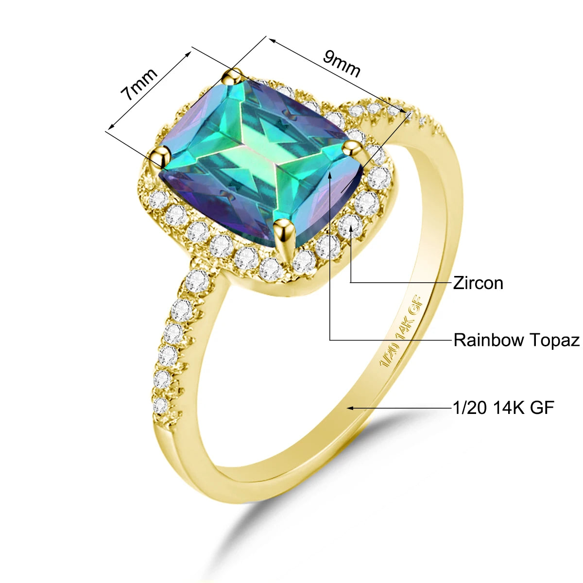 Solid 14K Gold Filled Aquamarine Ring for Women Retro Halo Design Gemstone Ring for Party Mother's Day Gifts Vintage Jewellery