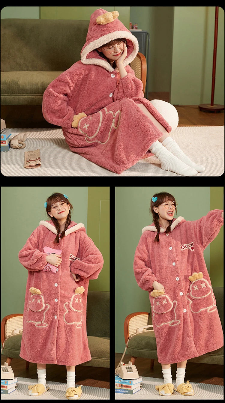 2024 Winter Pajamas For Women Cartoon Hooded Long Robe Strawberry Jacket Cute Home Wear Sleepwear Kawaii Flannel Warm Bathrobe - AMULET RING STORE
