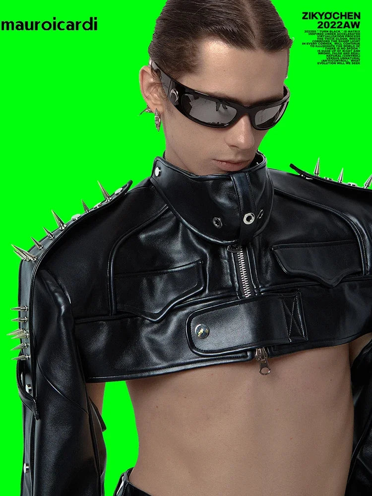 Mauroicardi Spring Autumn Cool Black Cropped Faux Leather Jacket Men Rivet Long Sleeve Zip Up Luxury Punk Style Emo Clothes 2025