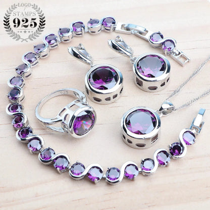 925 Sterling Silver Jewelry Sets Bridal Women Natural Magic Rainbow Zircon Earrings Ring Bracelets Pendant Wedding Necklace Set - AMULET RING STORE