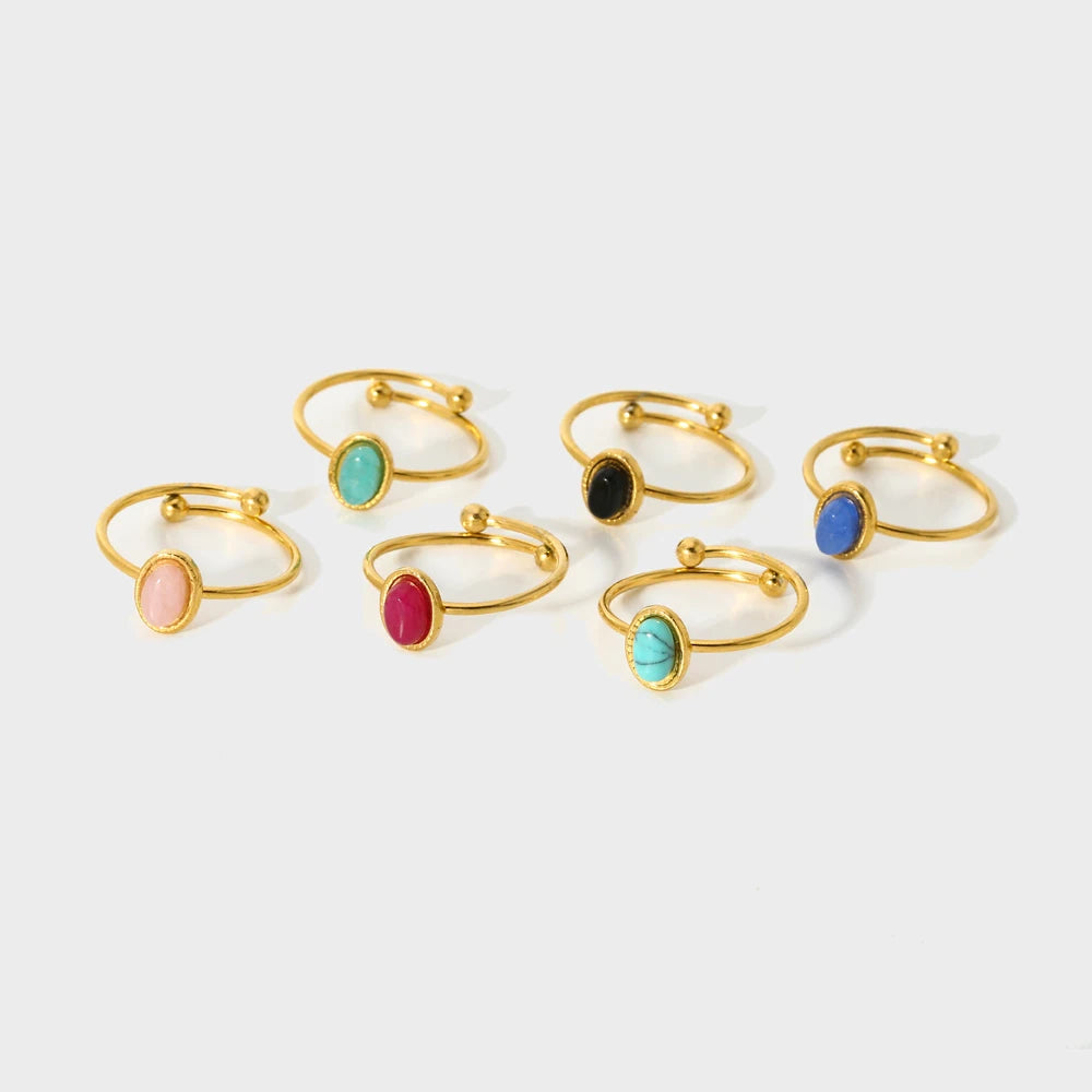 Stainless steel 18k Gold plated Minimalist ring Natural stone Obsidian Adjustable Stackable ring for Women