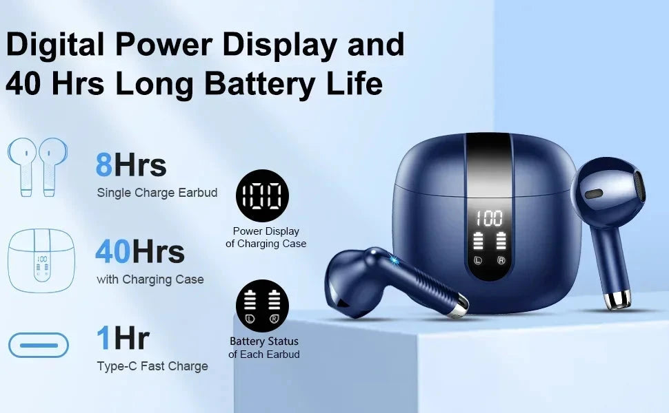 Wireless Earbuds, Bluetooth 5.3 Earbuds Stereo Bass, in-Ear Noise Cancelling Mic, Earphones IP7 Waterproof Sports, 40H Playback.