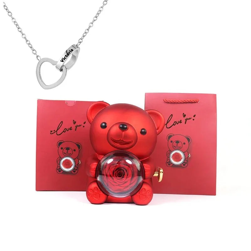 Eternal Rose Teddy Bear Jewelry Box with Custom Name Necklace Valentine Wedding Special Present for Girlfriend Anniversary gift - AMULET RING STORE
