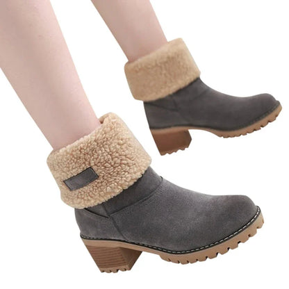 Autumn and Winter Fashion New Casual Comfortable Plus Velvet Warm Square Heel Round Toe Solid Color Women's Ankle Boots - AMULET RING STORE