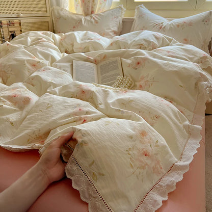 Washed Cotton Duvet Cover Sets Single/Queen/king Flower Printed Bedding Set Princess Style e housse de couette 220x240 with Lace - AMULET RING STORE