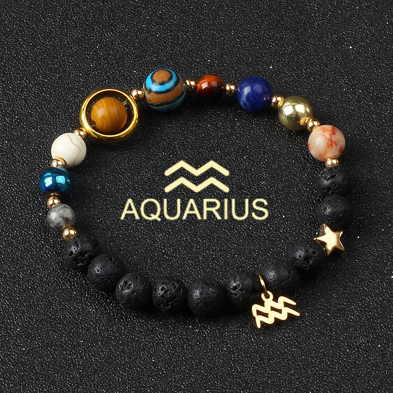 Universe Galaxy Eight Planets 12 Constellation Bracelets for Women Natural Stone Solar System Bracelets Libra Virgo Leo Jewelry