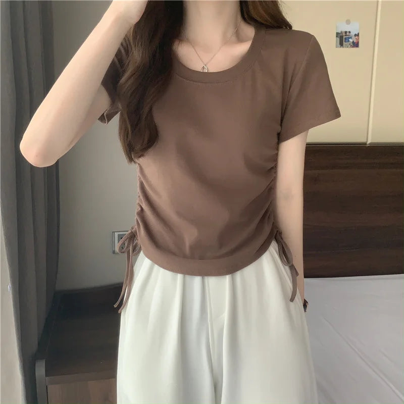 Drawstring Short Sleeve T-shirt Women Spring Summer Spicy Style Slim Fit Short Unique Top M L Xl 2XL Korean Casual Style - AMULET RING STORE