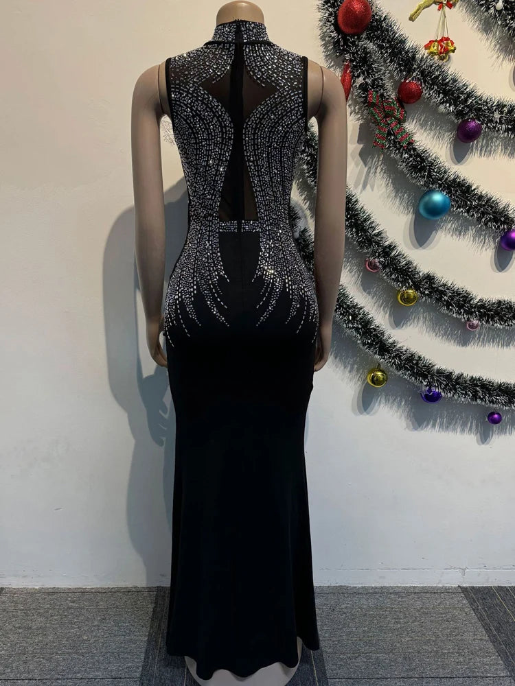 Beyprern Women's Black Mesh Bust Rhinestones Décor High Slit Maxi Dress Glam Mock Neck Crystal Party Dresses Celebrities Outfits - AMULET RING STORE