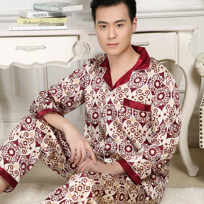 High Quality Pajamas Set Men Spring Autumn Thin Polyester Ice Silk Long-sleeved Sleepwear Plus Size Summer Home Clothes Male