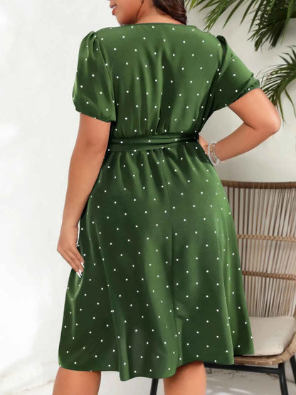 Plus Size Ladies Elegant Retro Polka Dot Waist Tie Square Neck Dress Classic Fashion Summer Short Sleeve Vacation A-line Skirt