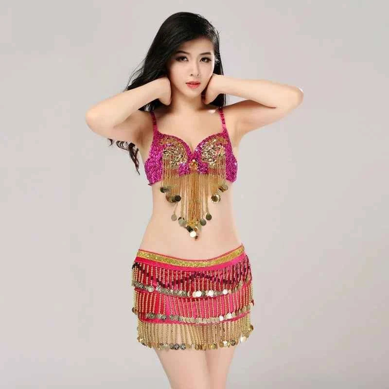 Women's Sexy Belly Dance Suit Charming Pole Dancewear Sequins Tassel Bra With Mini Skirt Stage Performance Costume