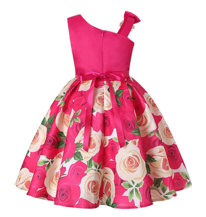 Summer Girls Rose Print Dress Princess Wedding Birthday Party Frocks Satin Children Vestidos Dresses For Girl Christmas Clothing