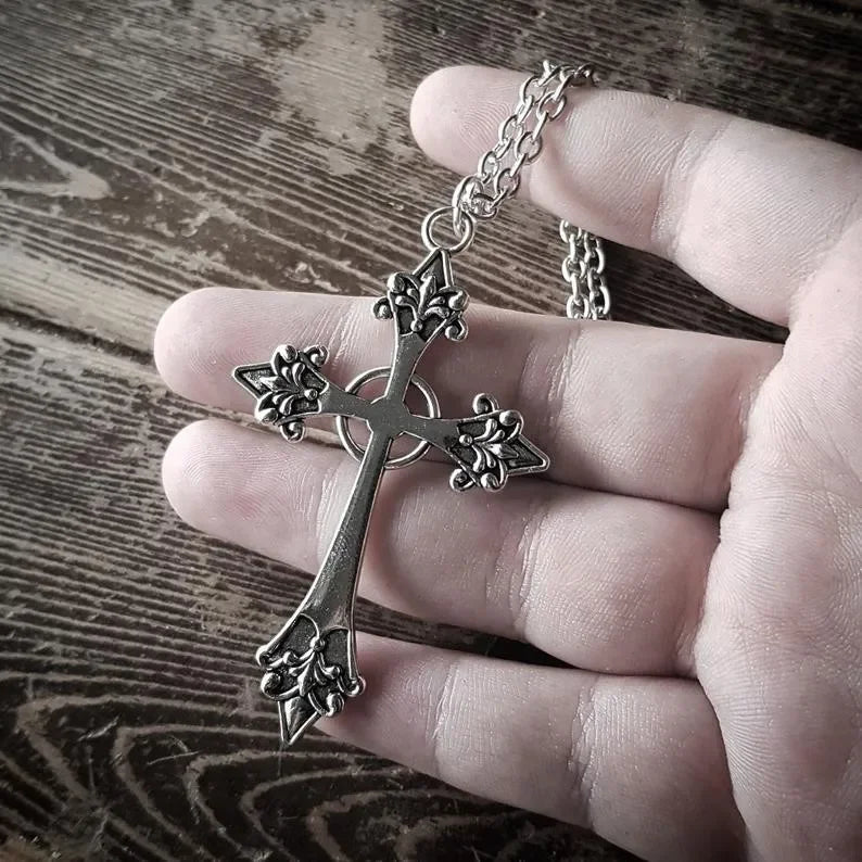 Large Detailed Cross Black Drill Jewel Necklace Silver Color Tone Pendant Goth Punk Jewellery Fashion Charm Statement Women Gift - AMULET RING STORE