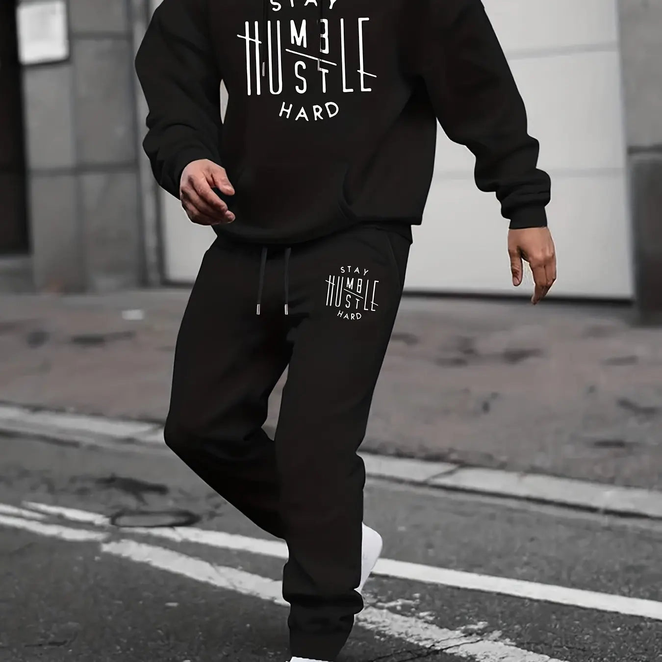 Men's Autumn/Winter Casual Fashion Warm Alphabets Pattern Printed Loose Thick Velvet Hoodie+Sports Pants Set