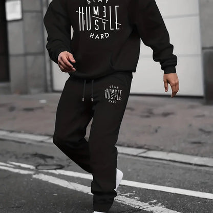 Men's Autumn/Winter Casual Fashion Warm Alphabets Pattern Printed Loose Thick Velvet Hoodie+Sports Pants Set