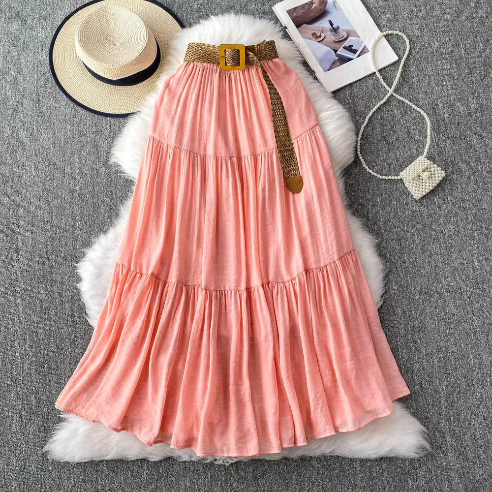 White High Waist A-Line Midi Skirt Women's Summer Casual Flared Cake Skirt Korean Sle Baking Poer Skirt for Young Women