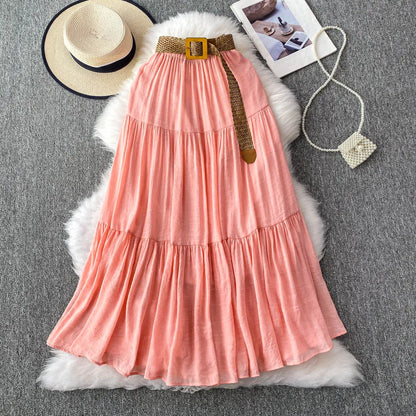 White High Waist A-Line Midi Skirt Women's Summer Casual Flared Cake Skirt Korean Sle Baking Poer Skirt for Young Women