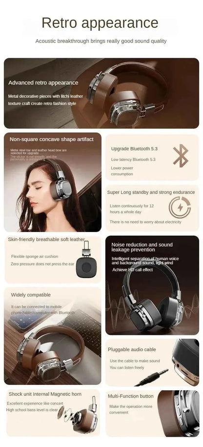 Retro Trendy Wireless Headphone Bluetooth 5.3 Long Battery Life Stereo Music Sport Foldable OverEar Headset with Noise Reduction