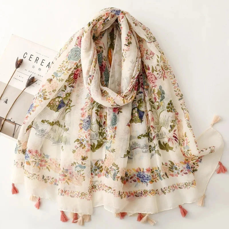 Four Seasons Available Luxury Women Viscose Scarf Designer Shawl Cotton Linen Feeling Tassel Pashmina Muslim Hijab Wrap Floral