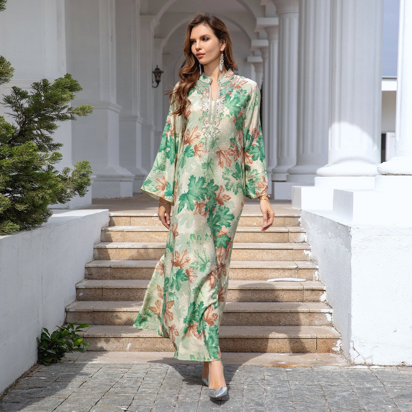 Elegant Middle Eastern Abaya Dress - Long Sleeve Geometric Print Loose Fit Kaftan with Embroidery Detail, Floor-Length Muslim Dr - AMULET RING STORE