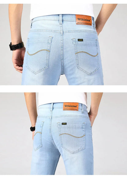 Brand Jeans 2025 Summer Business Jeans Men Light Blue Casual Straight Stretch Fashion Classic Work Denim Trousers Male Clothing
