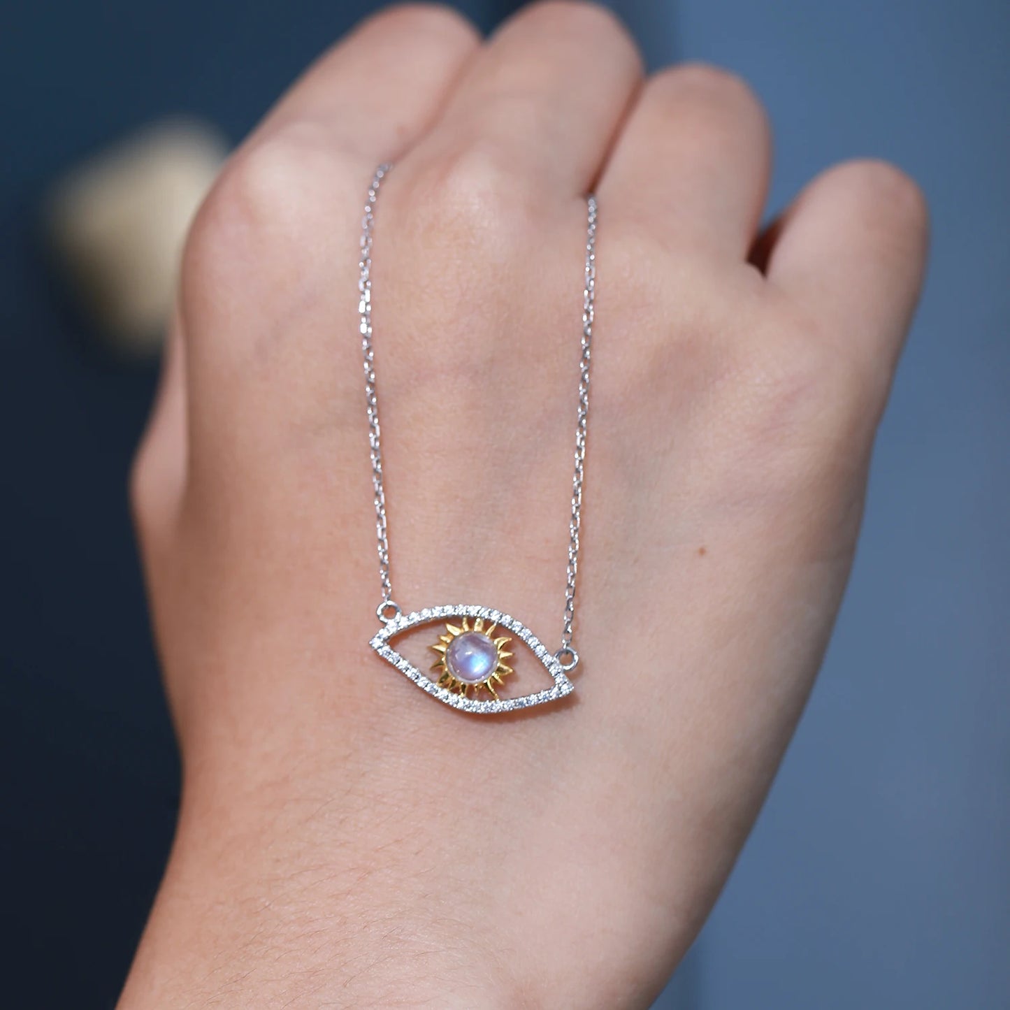GEM'S BALLET June Birthstone 925 Sterling Silver Hamsa Necklace Milky Blue Moonstone Devil's Eye Pendant Necklace