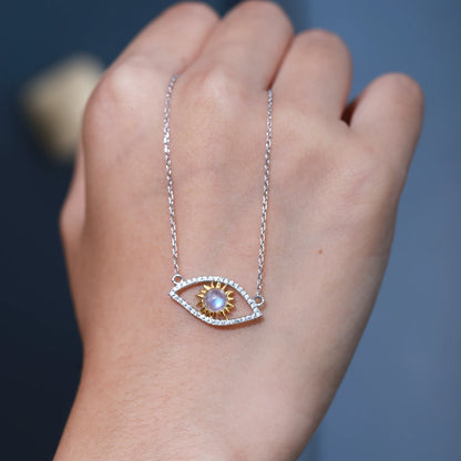 GEM'S BALLET June Birthstone 925 Sterling Silver Hamsa Necklace Milky Blue Moonstone Devil's Eye Pendant Necklace