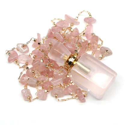 Natural Stone Rose Quartz Perfume Bottle Essential Oil Diffuser Reiki Healing Exquisite Necklace Jewelry Gift - AMULET RING STORE