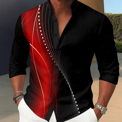 Men's Long Sleeve Geometric Lines Shirt Gradient Color Button Short Sleeve Casual Fashion 3D Printed Flap Collar Shirt