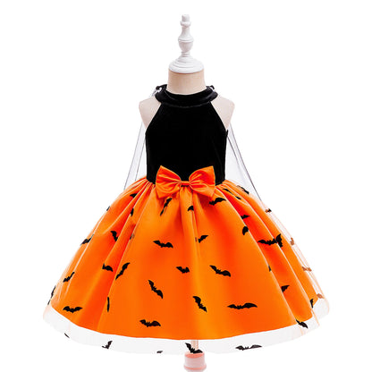 Girl Halloween costume 4-8 Yrs Halloween Theme Party Dresses Skeleton Bat Pumpkin Print Frocks Luxury Fluffy Kids Elegant Gown