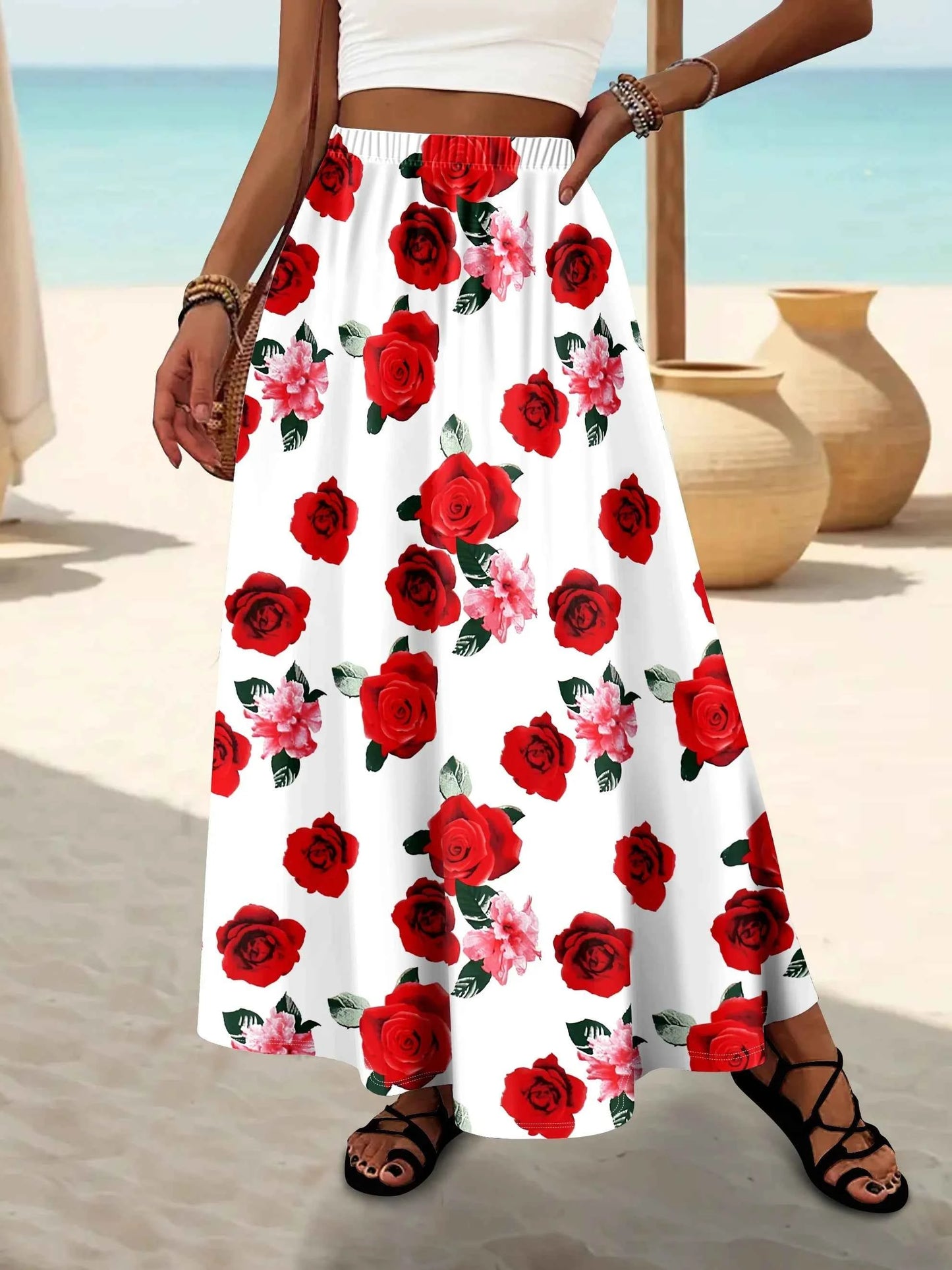 Scarlet Rose & Blush Blossom Print Elastic High - Waist A - Line Vacation Maxi Skirt: Romantic Waltz Vibes