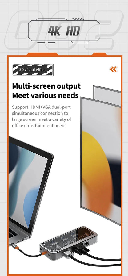 Basix 10 in 1 USB C HUB 4K30Hz Dock Station Type C to HDMI-Compatible RJ45 Ethernet PD100W for MacBook iPad Huawei Sumsang Phone