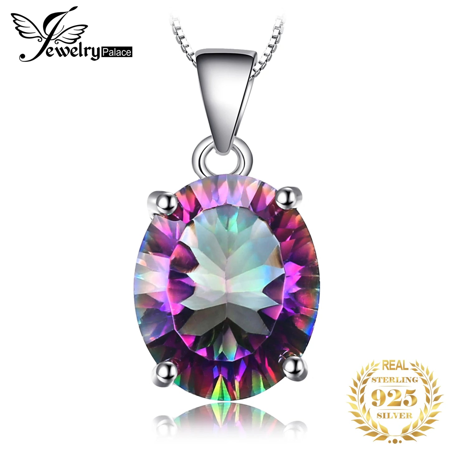 JewelryPalace Natual Multiple Cut Rainbow Fire Mystic Quartz Solid 925 Sterling Silver Pendant Necklace for Women No Chain