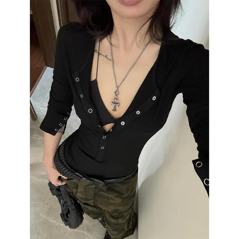 American Sle Hot Girl Long Sve T-irt Women Early Spring Inner Wear Slim Fit Tight Waist Top f Open Collar ort Sle