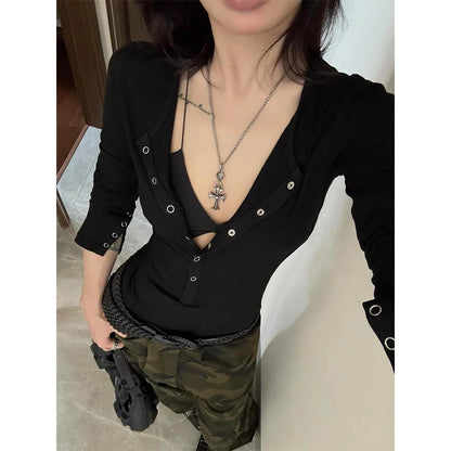 American Sle Hot Girl Long Sve T-irt Women Early Spring Inner Wear Slim Fit Tight Waist Top f Open Collar ort Sle