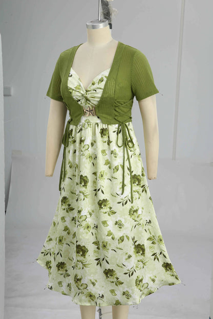 ROSEGAL Plus Size Women Floral Sundress Set Lace Up Ribbed Crop Top And Ruffles Floral Leaf Print Twist Cami Dres New Arrived