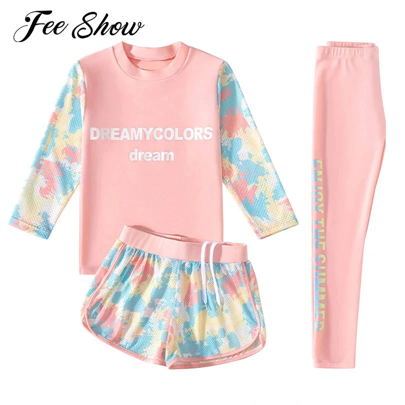 3Pcs Kids Girls Colorful Print Swimsuit Swimwear Long Sleeve Top+Shorts with Pants Set Sun Protection Rash Guard Swimming Outfit - AMULET RING STORE