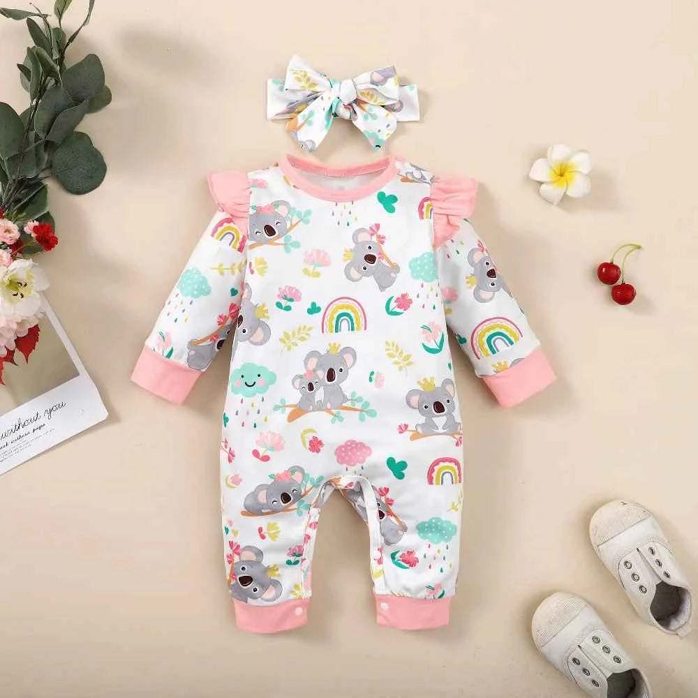 Newborn Baby Girl Bodysuit Cute Little koala Bodysuit+Headband2pcs fit 1-12Months Lnfant Baby Spring and Autumn Crawler Suit