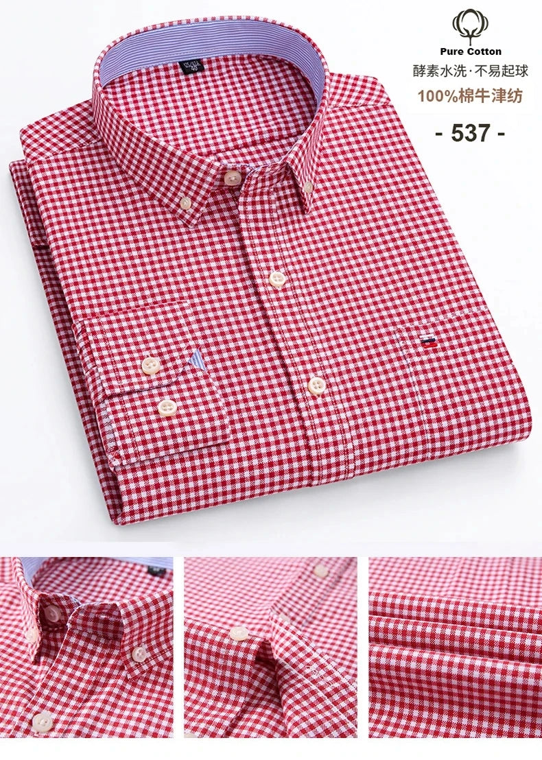 100% Cotton Oxford Men's Shirts Long Sleeves Plaid Soft Regular Fit Formal Dress Shirt Pocket Social Blouse Male Clothes S-7XL