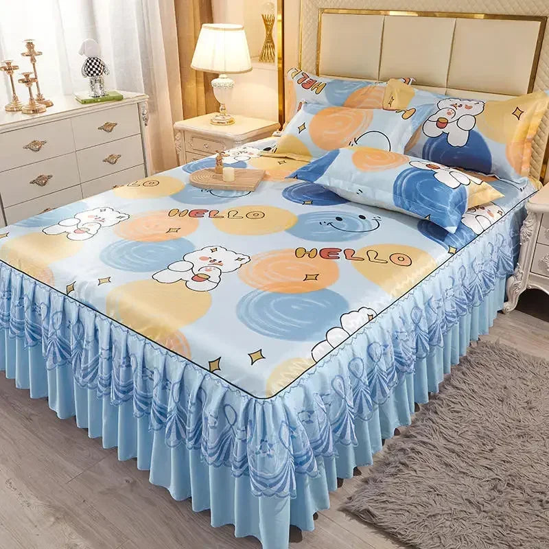 3Pcs/Lot Double Bed Sheet Set Classic Lace Royal Blue Bed Sheet Bed Skirt