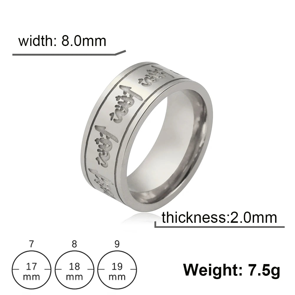 Jeshayuan Quran Rings Muslim Islamic Halal Ring Arabic God Stainless Steel 8mm Wide Religious Allah Ring For Men