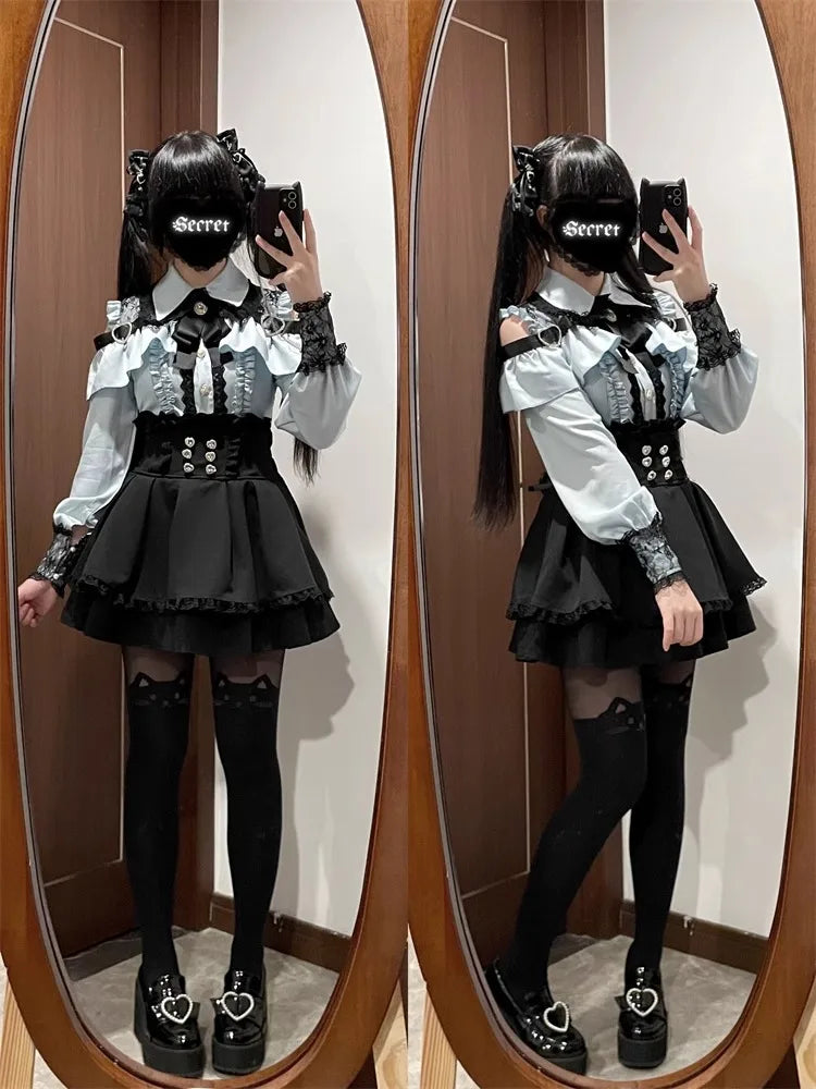 Sweet Gothic Lolita Two Piece Set, Off Shoulder Blouse + High Waist Skirt, Kawaii Tri-color Lace Coord Outfit for Women & Teens
