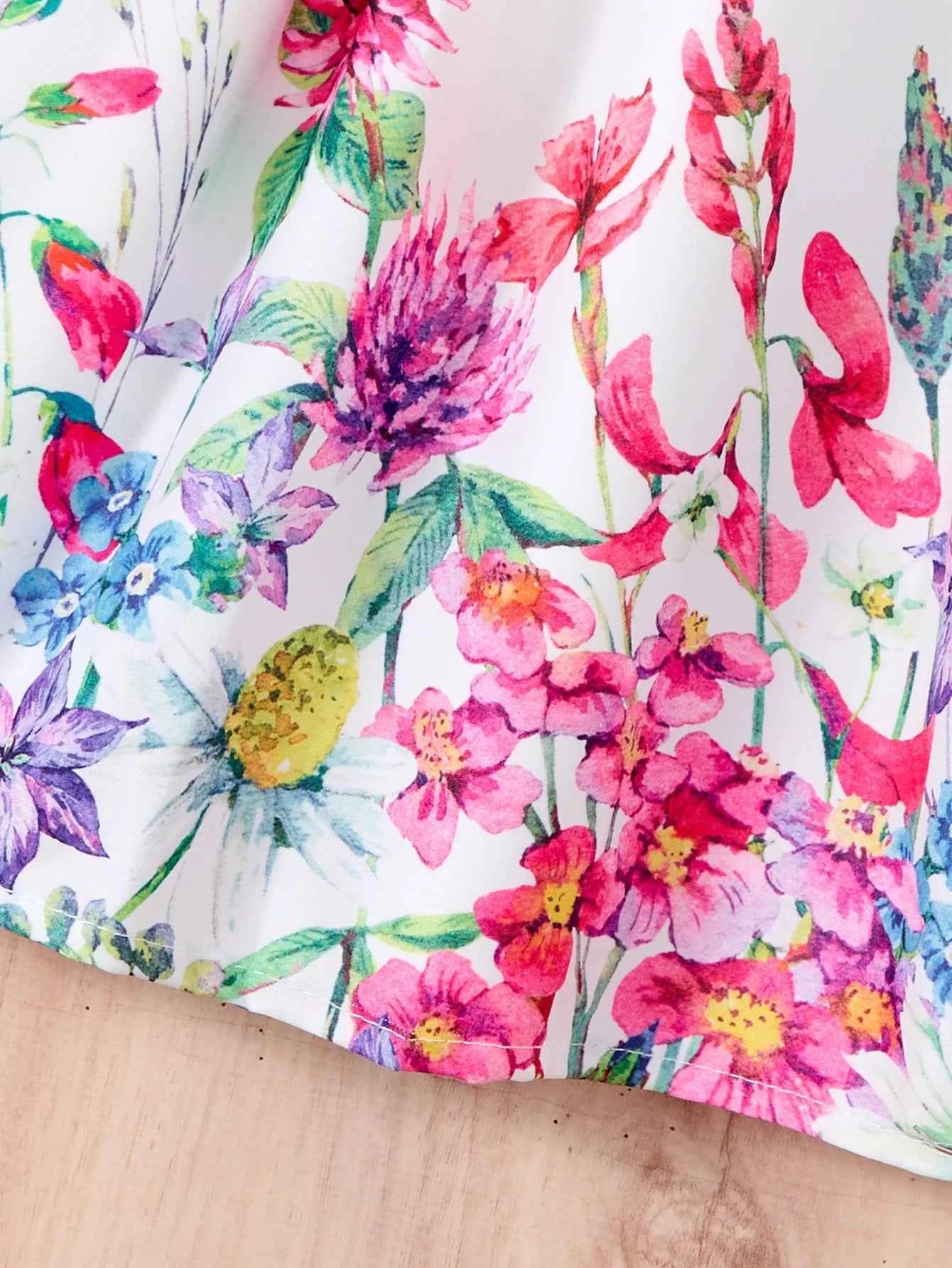 New Kids Girl Dress Summer Floral with Bow Fashion White Vestidos Short Sleeve Children Clothing Outfits Casual Printed  Dresses